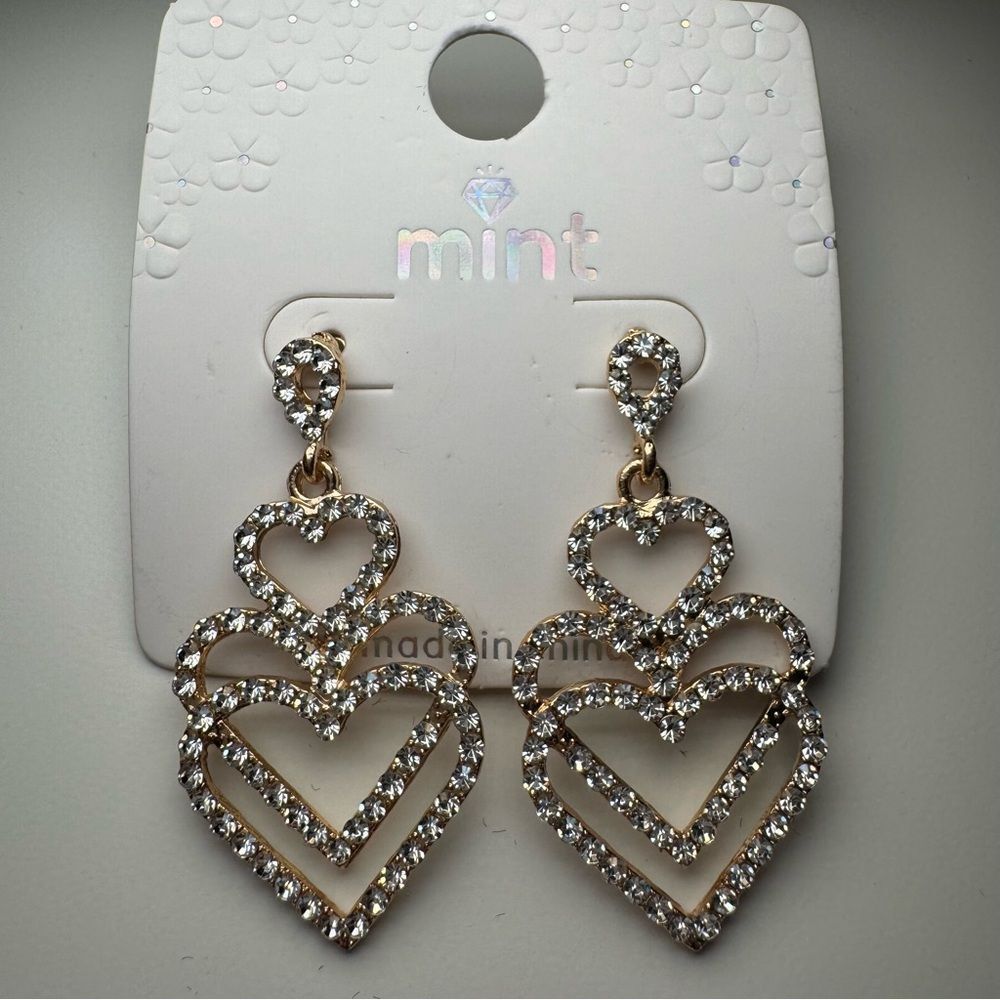 3For$20 Mint Collection Layered Rhinestone Gold Heart Drop Stud Earring